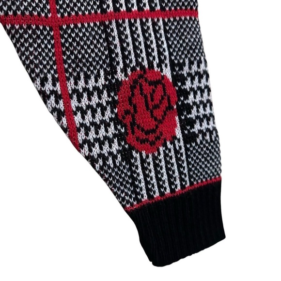 Vintage 80s Rose Plaid Floral Sweater Women’s Size XS Black Red Houndstooth - Picture 6 of 15